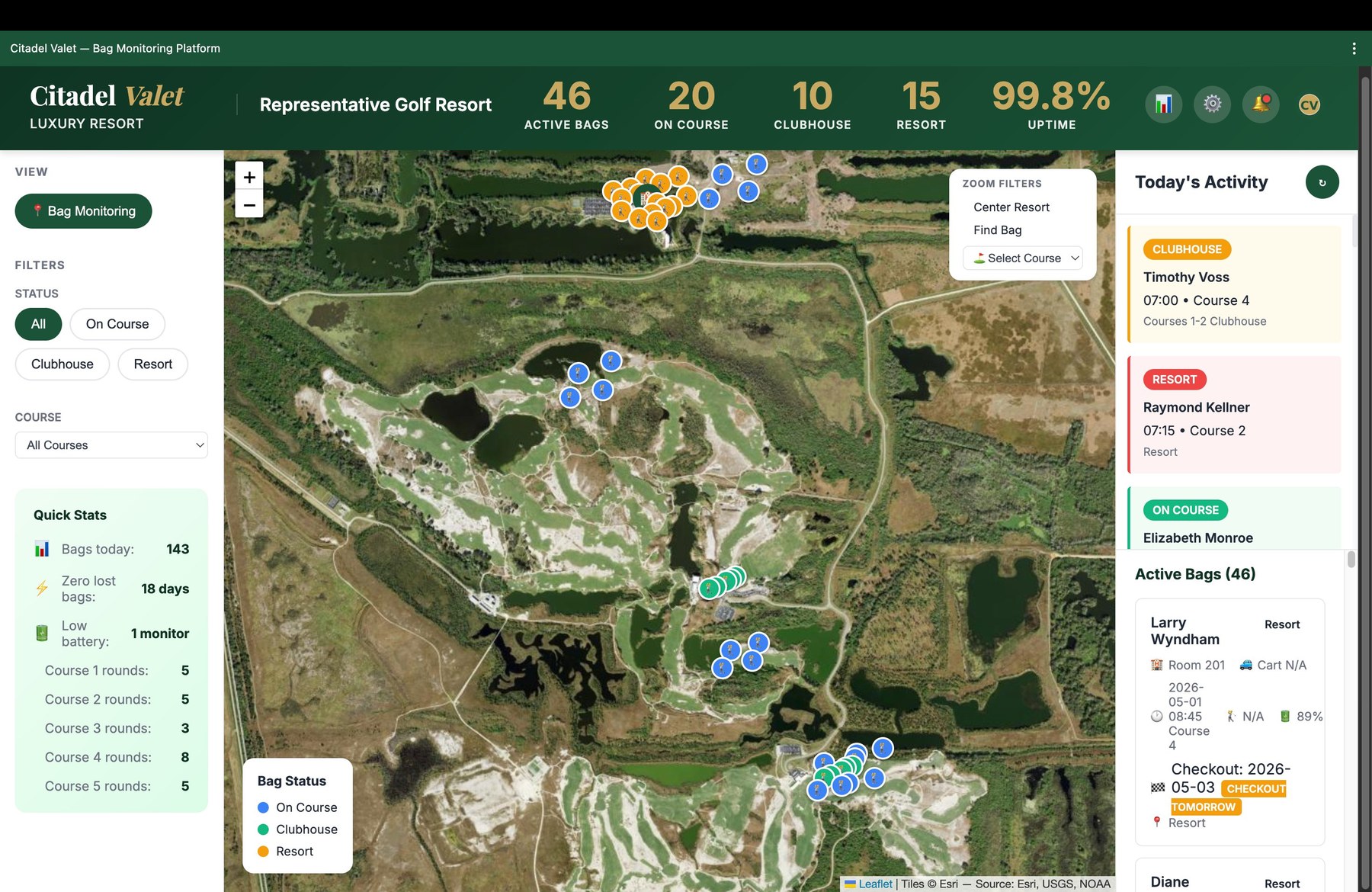 Citadel Valet dashboard showing 46 active guest bags across a luxury golf resort, with live satellite map, on-course and clubhouse pins, and today's activity panel