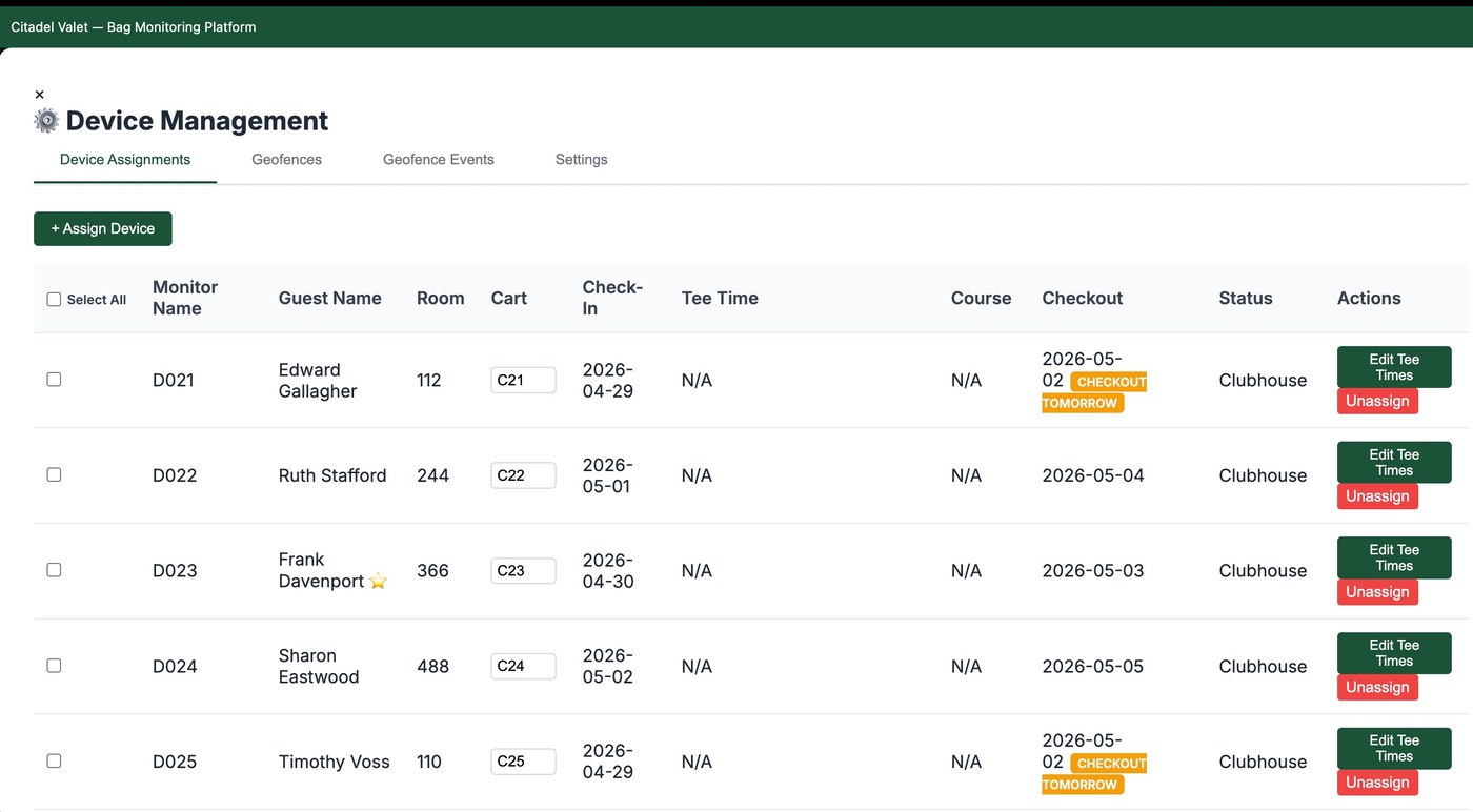 Device Management screen showing GPS monitor assignments, with tabs for Geofences, Geofence Events, and Settings