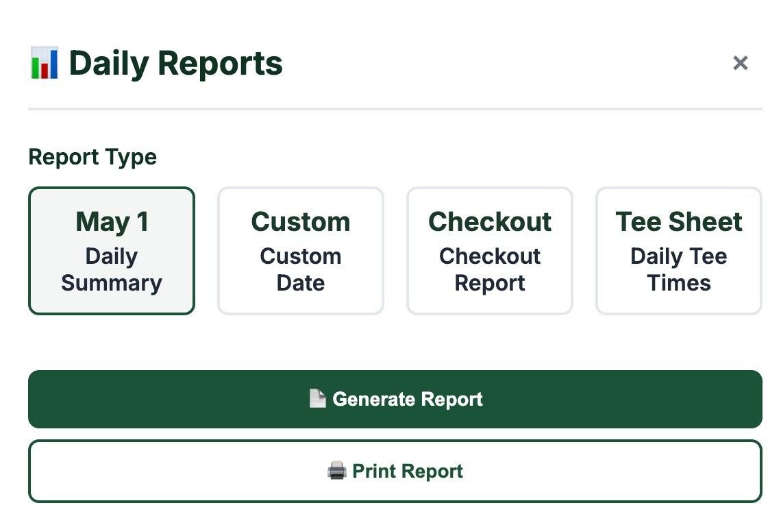 Daily Reports modal with four report types: Daily Summary, Custom Date, Checkout Report, and Tee Sheet